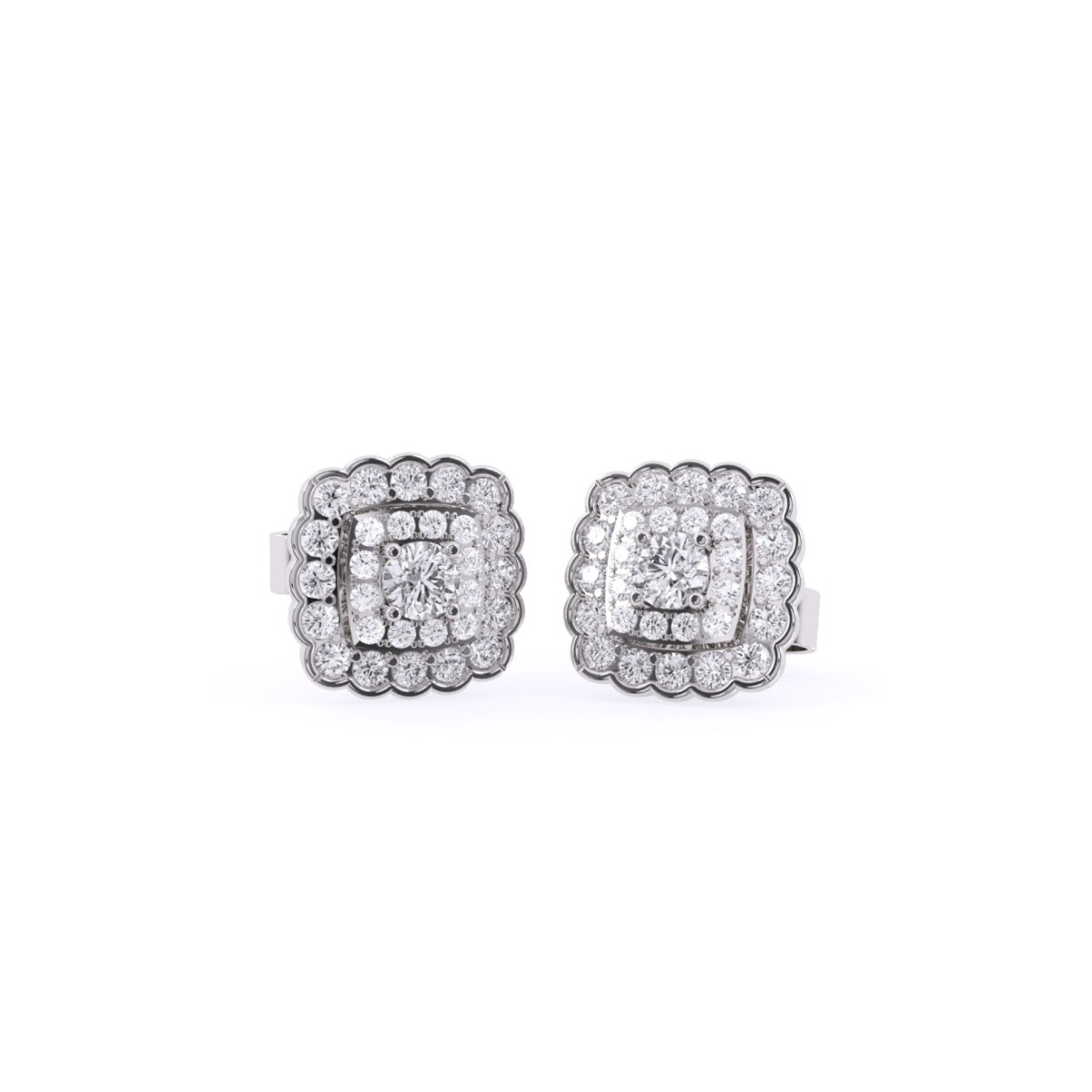 Square Round Diamond Double Halo Earrings